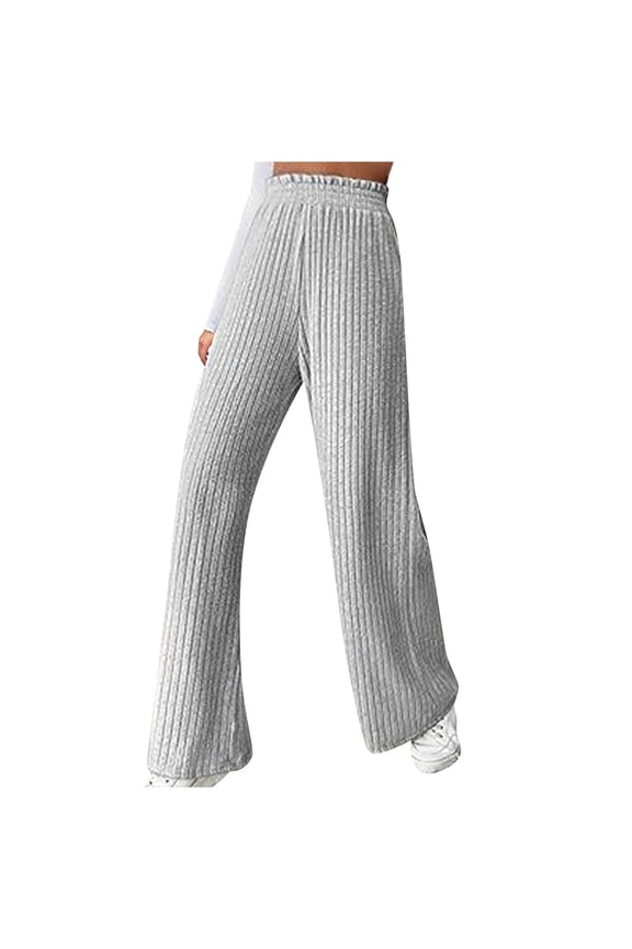 Womens Rib Knit Wide Leg Pants Elastic High Waist Casual Flowy Palazzo Sweater Pants Warm Soft Lounge Baggy Pajamas Trousers(Gray,L)