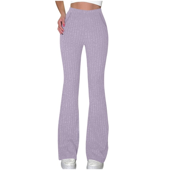 RYRJJ Womens Ribbed Knit Flared Leggings High Waisted Bootcut Yoga Pants Wide Leg Pull-On Workout Bootleg Pants(Purple;S)