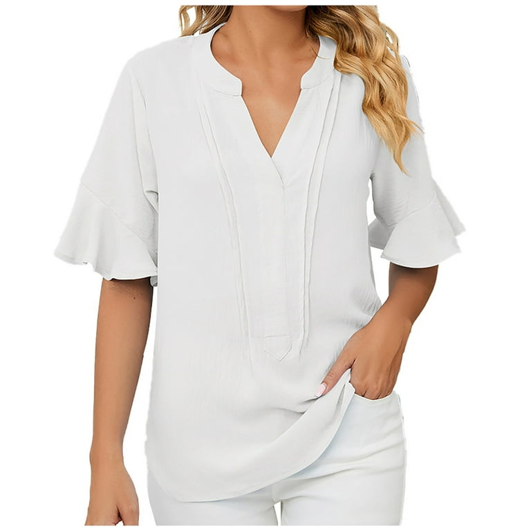RYRJJ Womens Ruffle Bell Sleeve Tops Summer V Neck Short Sleeve Tunic  Blouses Casual Loose Solid Color Shirts(White,XL)
