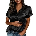 thumbnail image 1 of RYRJJ Womens Satin Blouse Summer Trendy Short Sleeve Silk Button Down Shirts Business Casual Work Tops with Pockets(Black,XL), 1 of 9