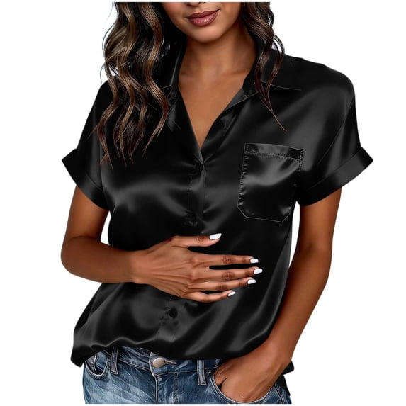 RYRJJ Womens Satin Blouse Summer Trendy Short Sleeve Silk Button Down Shirts Business Casual Work Tops with Pockets(Black,XL)