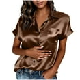 thumbnail image 1 of RYRJJ Womens Satin Blouse Summer Trendy Short Sleeve Silk Button Down Shirts Business Casual Work Tops with Pockets(Coffee,L), 1 of 9