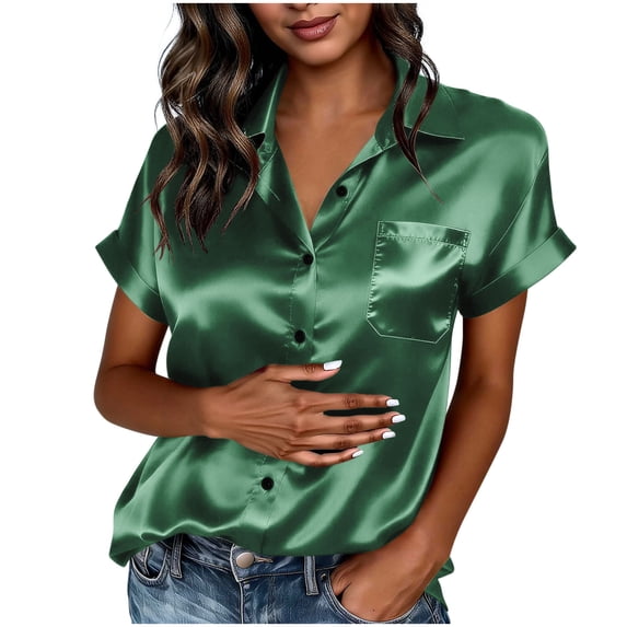 RYRJJ Womens Satin Blouse Summer Trendy Short Sleeve Silk Button Down Shirts Business Casual Work Tops with Pockets(Green,M)