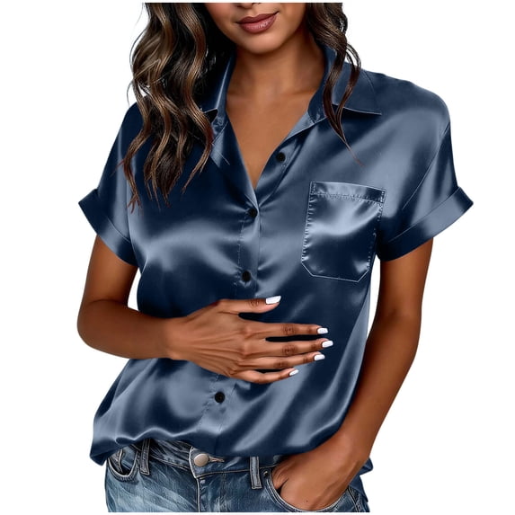 RYRJJ Womens Satin Blouse Summer Trendy Short Sleeve Silk Button Down Shirts Business Casual Work Tops with Pockets(Navy,L)