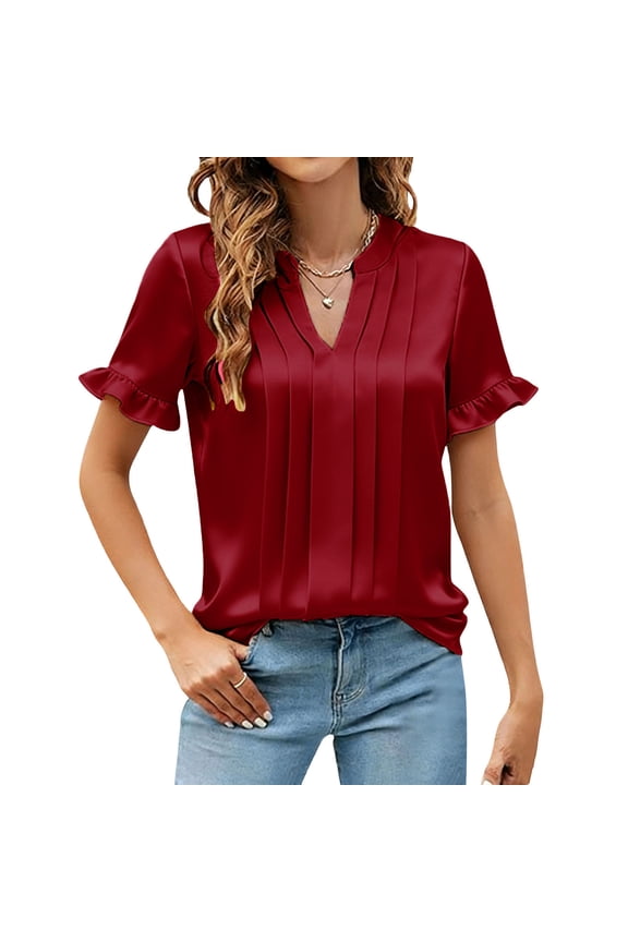 Womens Satin Silk Blouses Dressy Causal V Neck Pintuck Short Ruffle Sleeve Business Tops Ladies Summer Trendy Work Shirts