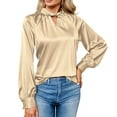 thumbnail image 1 of RYRJJ Womens Satin Silk Work Shirts Elegant Draped V Neck Dressy Casual Blouses Business Puff Long Sleeve Tunic Tops(Gold,S), 1 of 4