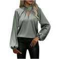 thumbnail image 1 of RYRJJ Womens Satin Silk Work Shirts Elegant Draped V Neck Dressy Casual Blouses Business Puff Long Sleeve Tunic Tops(Green,L), 1 of 8