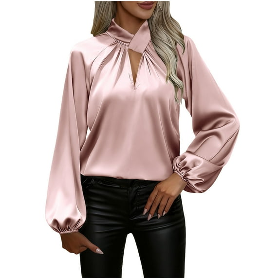 RYRJJ Womens Satin Silk Work Shirts Elegant Draped V Neck Dressy Casual Blouses Business Puff Long Sleeve Tunic Tops(Pink,L)