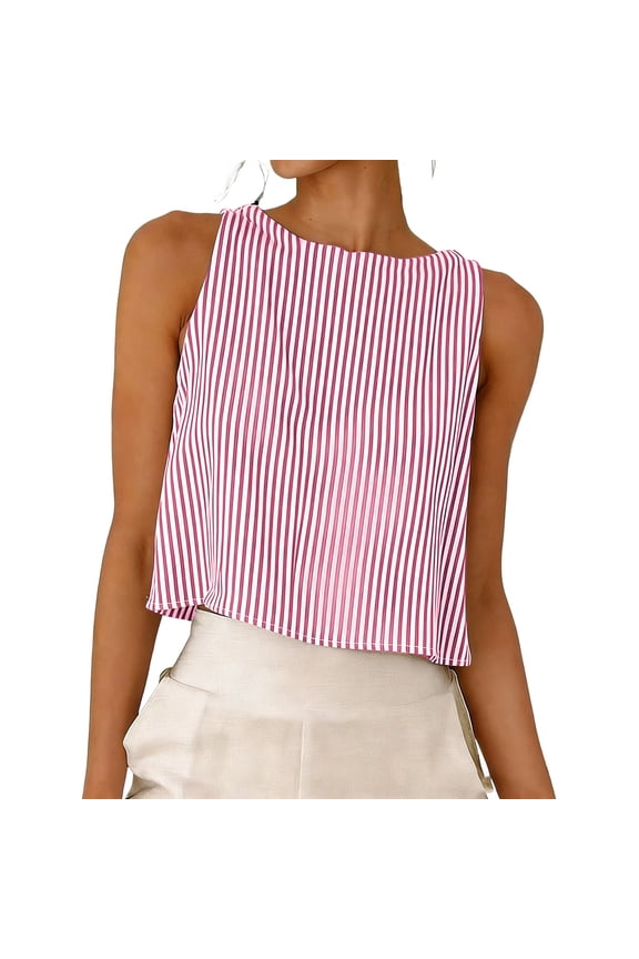 Womens Scoop Neck Crop Tank Tops Spring Summer Button Back Sleeveless Striped Shirts Loose Dressy Casual Blouse(Red,XXL)