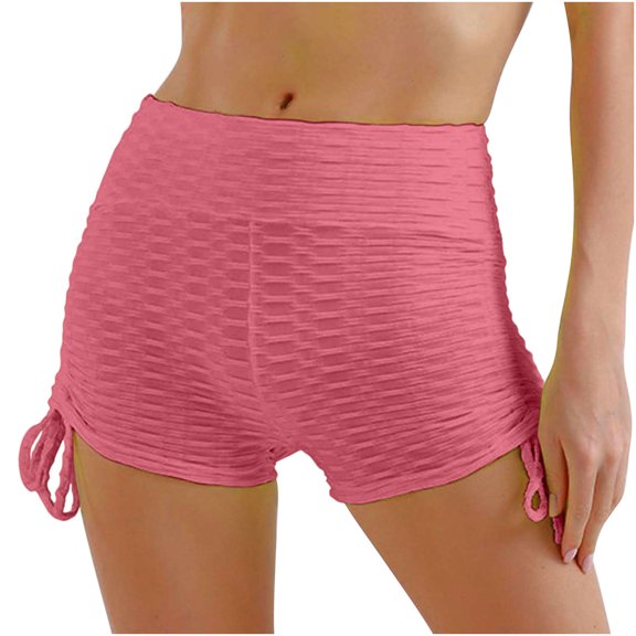 RYRJJ Womens Scrunch Butt Lift Yoga Shorts Side Drawstring High Waisted Anti-Cellulite Biker Shorts Ruched Textured Workout Leggings(Pink,XXL)