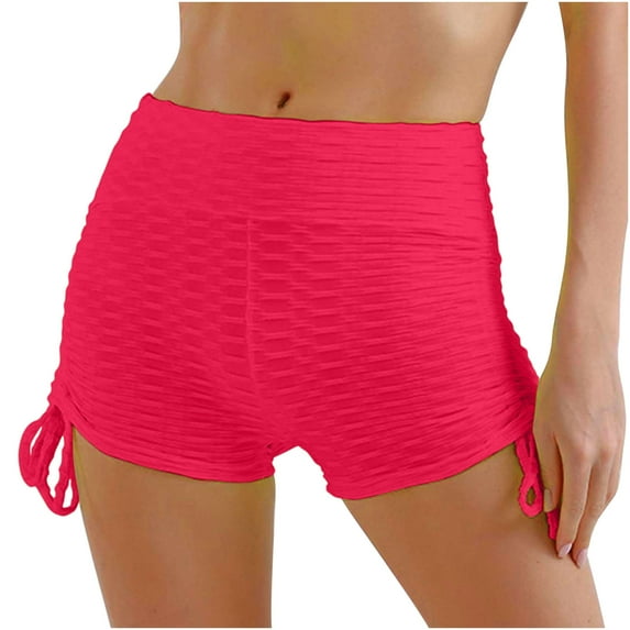 RYRJJ Womens Scrunch Butt Lift Yoga Shorts Side Drawstring High Waisted Anti-Cellulite Biker Shorts Ruched Textured Workout Leggings(Red,XXL)