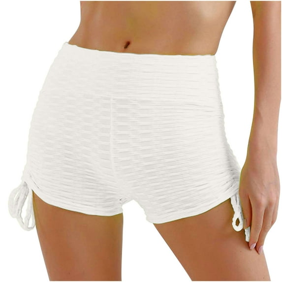 RYRJJ Womens Scrunch Butt Lift Yoga Shorts Side Drawstring High Waisted Anti-Cellulite Biker Shorts Ruched Textured Workout Leggings(White,M)