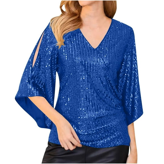 RYRJJ Womens Sequin Tops 3/4 Bell Sleeve Glitter Sparkly Party Blouse Wrap V-Neck Dressy Shirts for Evening Club Cocktail(Navy,S)