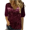 thumbnail image 1 of RYRJJ Womens Sequin Velvet Tops Glitter Sparkly Blouse V-Neck Short Sleeve Dressy Evening Party Holiday Shirts(Khaki,3XL), 1 of 5