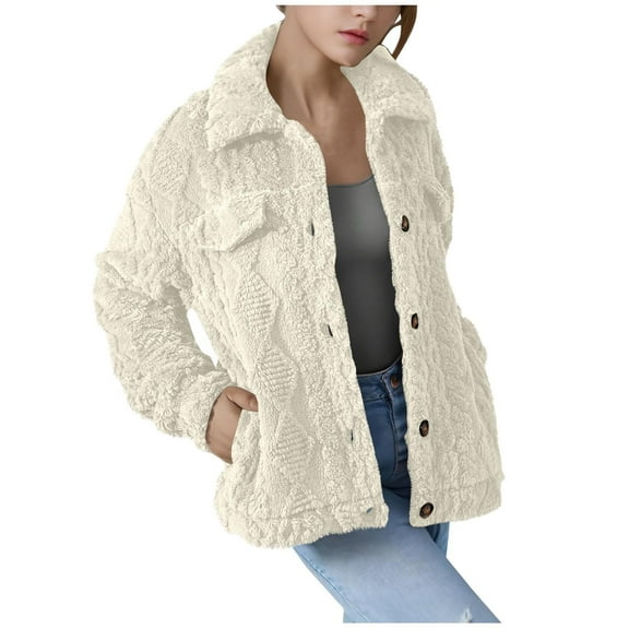RYRJJ Womens Sherpa Fleece Jackets Button Down Fuzzy Warm Winter Coats Lapel Long Sleeve Jacket Outwear with Pockets(Beige,XXL)