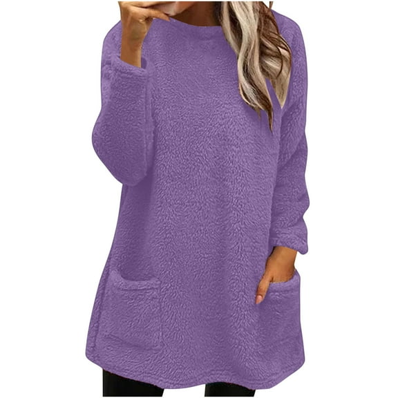 RYRJJ Womens Sherpa Pullover Oversized Fuzzy Fleece Sweatshirts Faux Fur Fluffy Outerwear with Pockets Winter Soft Loungwear(Purple,XL)