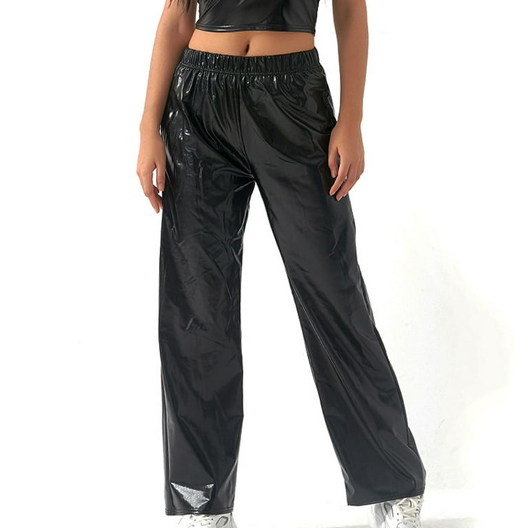 RYRJJ Womens Shiny Metallic High Waist Stretchy Jogger Pants Wet