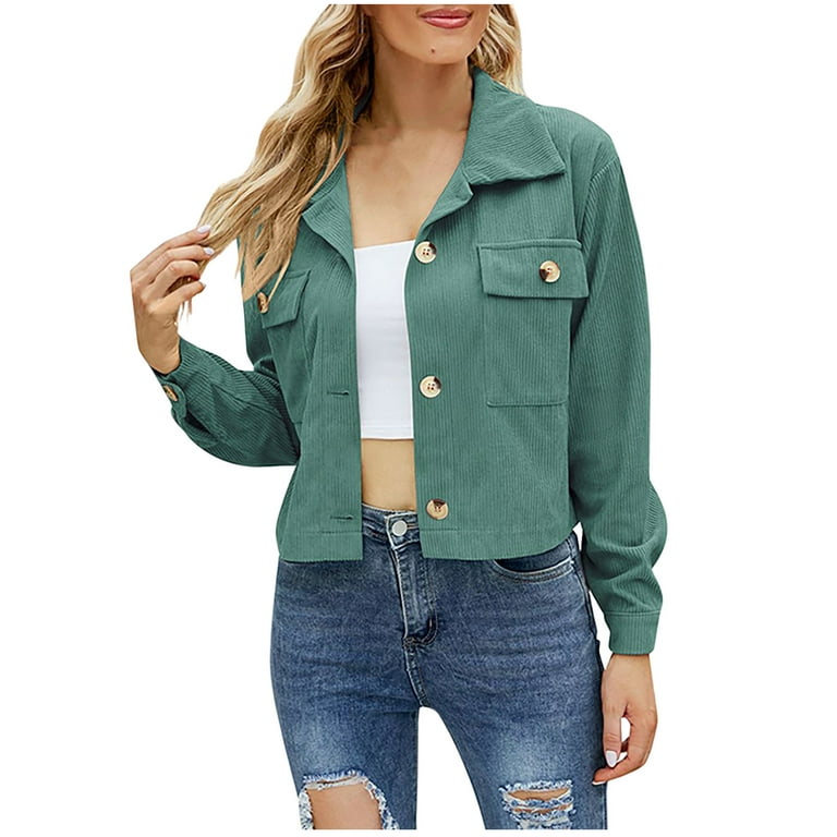 RYRJJ Womens Short Corduroy Shacket Jacket Casual Loose Button Up Long  Sleeve Cropped Tops Solid Color Fall Shirts Jackets Coat(Green,S) 
