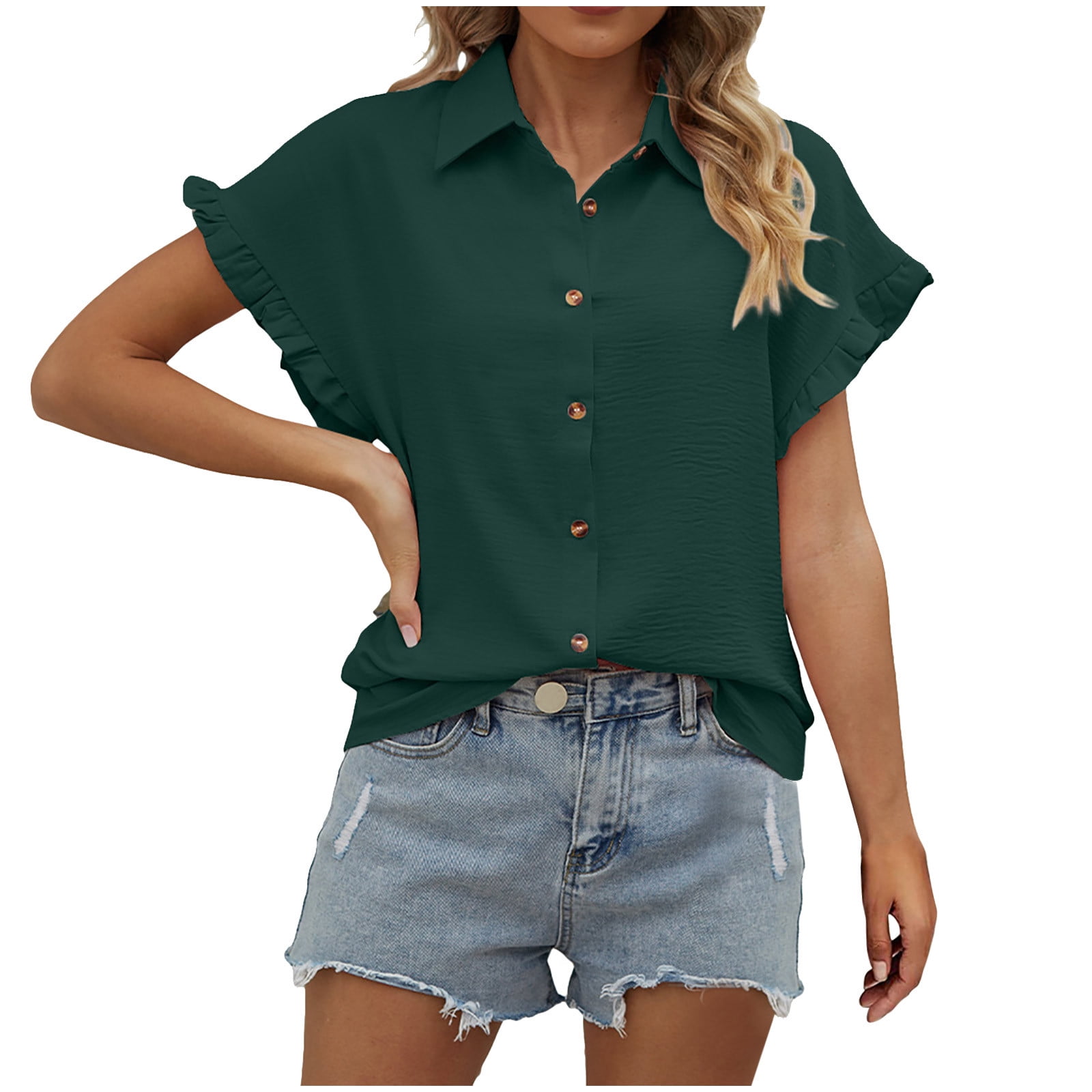 RYRJJ Womens Summer Casual T-Shirts V Neck Ruffle Short Sleeve
