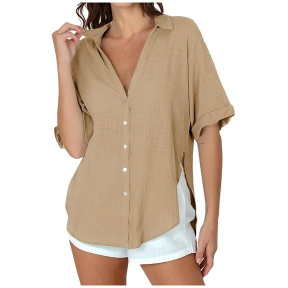 RYRJJ Womens Short Sleeve Button Down Shirts Cotton Linen V Neck Side Slit Blouse Summer Casual Loose Fit Beach Tops(Khaki,M)