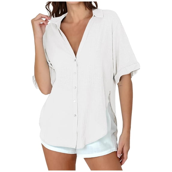 RYRJJ Womens Short Sleeve Button Down Shirts Cotton Linen V Neck Side Slit Blouse Summer Casual Loose Fit Beach Tops(White,M)