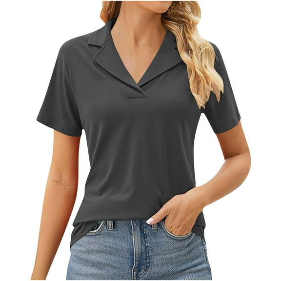 RYRJJ Womens Short Sleeve Polo Shirts Business Summer Casual V Neck Collared Tops Dressy Work Tunic Blouses(Gray,M)