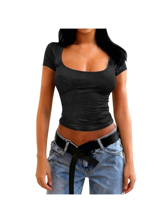 Womens Short Sleeve Shirts Summer Basic Crop Tops Slim Fit Fashion Cute Tees Square Neck Casual Workout Y2K T-Shirt(Black,M)