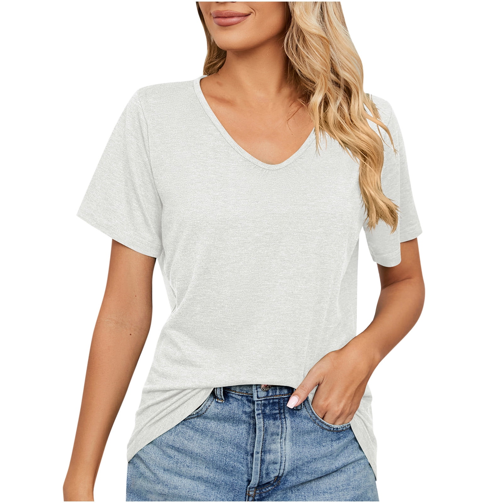 RYRJJ Womens Short Sleeve Tops Fashion V Neck Shirts Summer Casual Loose  Solid Color Basic Tunic Tshirt(Navy,XL)