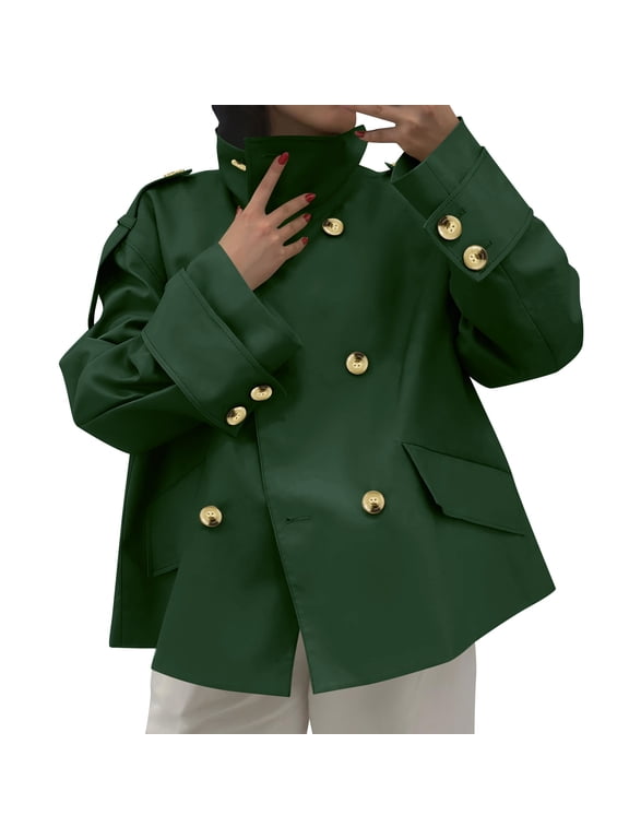 Womens Short Trench Coat Oversized Double Breasted Stand Collar Cropped Jacket Fall Fashion Casual Work Outerwear(Green,S)