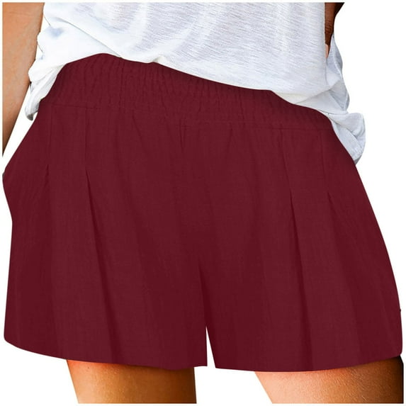 RYRJJ Womens Shorts Cotton Linen Smocked High Elastic Waisted Ruffle Cute Shorts Beach Flowy Casual Shorts(Wine,XL)