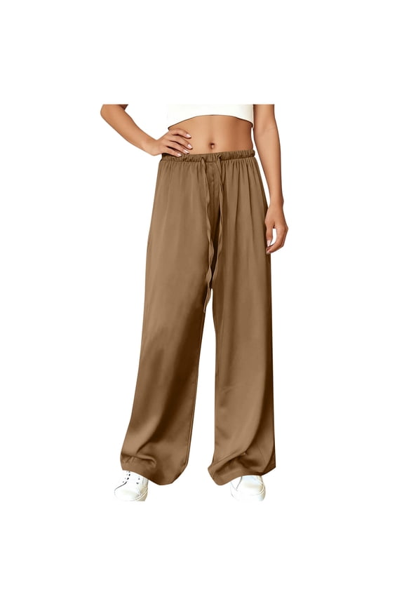 Womens Silk Satin Pajama Pants Casual Loose Lounge Pants Drawstring Elastic Waist Wide Leg Pj Bottoms(Brown,S)