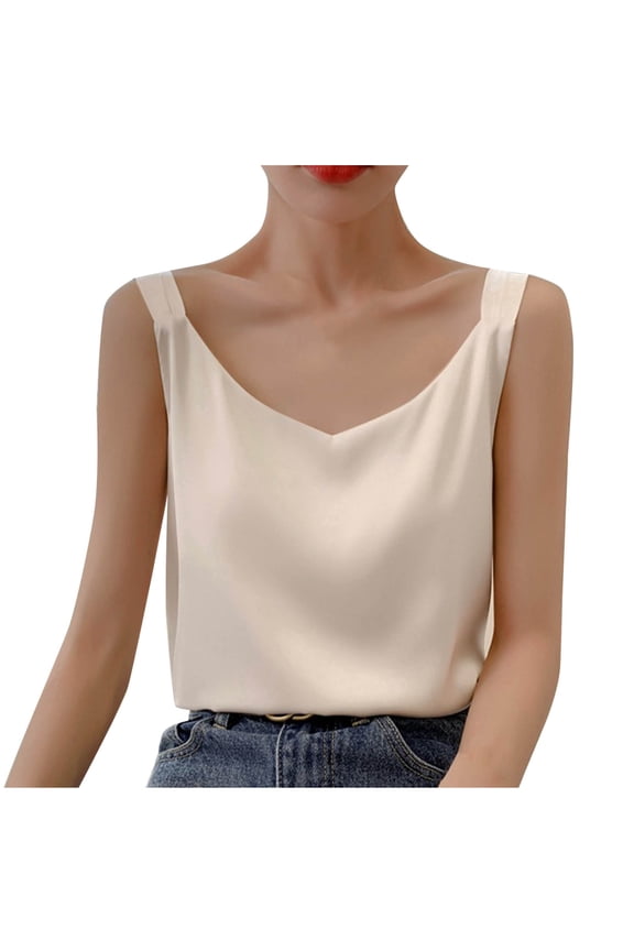 Womens Silk Satin Tank Tops V Neck Dressy Casual Cami Sleeveless Camisole Blouses Summer Basic Shirts(Beige,XXL)