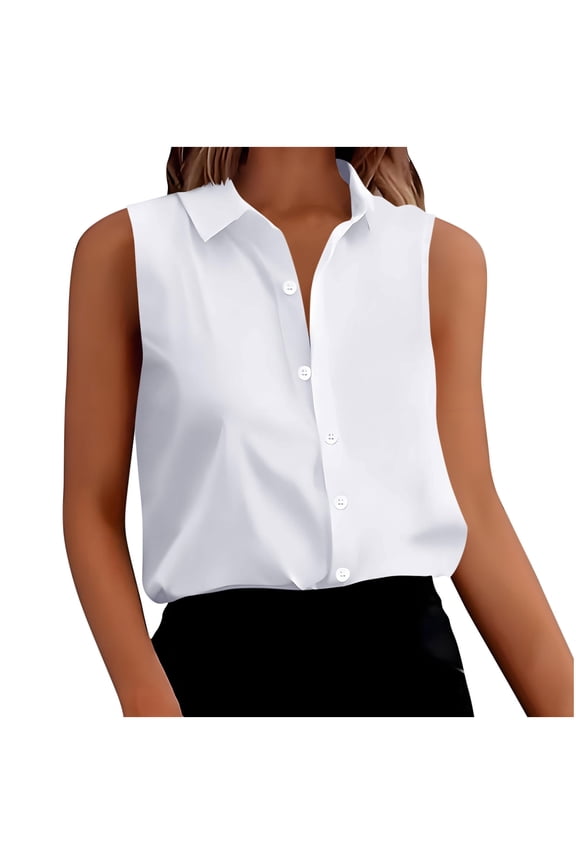 Womens Sleeveless Button Down Shirts Collared V-Neck Dressy Casual Blouses Satin Office Business Work Tank Tops(White,M)