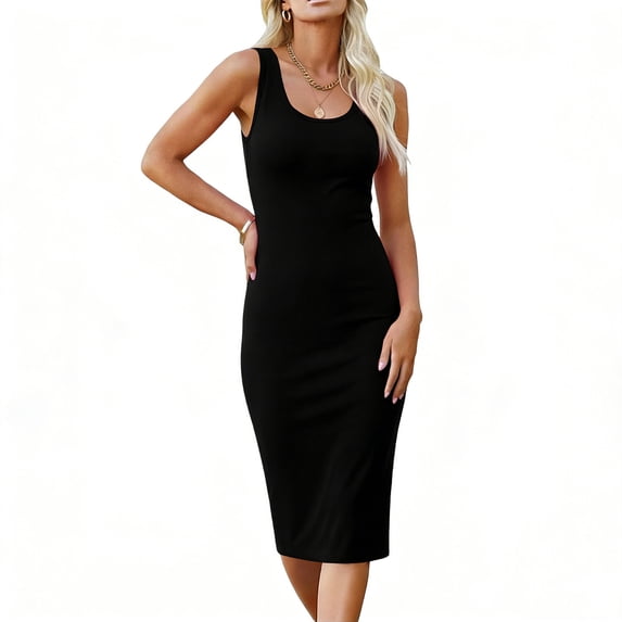 RYRJJ Womens Sleeveless Midi Dresses Ribbed Scoop Neck Slim Fit Bodycon Tank Sundress Basic Casual Club Night Out Dress