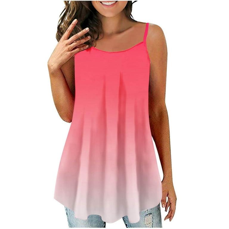RYRJJ Womens Spaghetti Strap Tank Tops Dressy Sexy Sleeveless Crewneck  Summer Tshirt Trendy Gradient Print Loose Flowy Beach Cami Shirt  Blouse(Pink,XXL) 