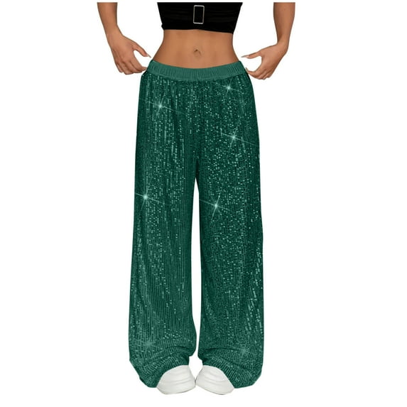 RYRJJ Womens Sparkle Sequin Palazzo Pants Elastic Waist Wide Leg Casual Loose Long Pant Glitter Party Club Trousers(Army Green,S)