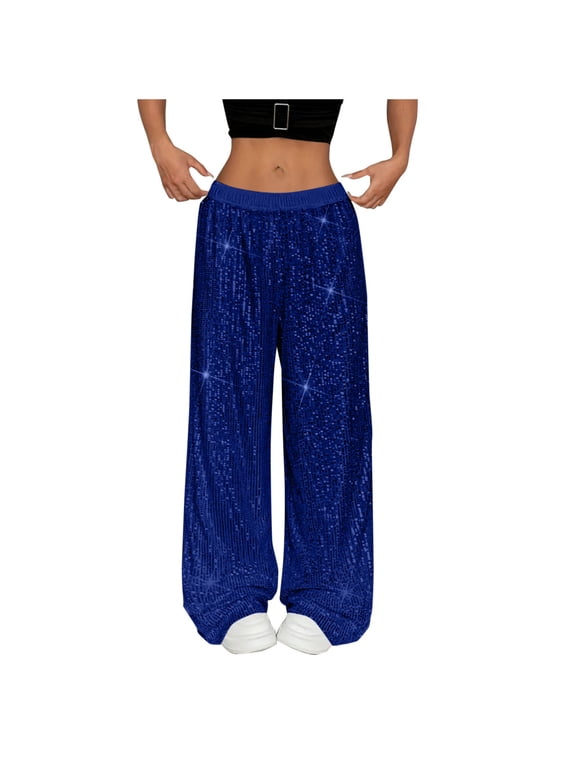 Womens Sparkle Sequin Palazzo Pants Elastic Waist Wide Leg Casual Loose Long Pant Glitter Party Club Trousers(Dark Blue,M)