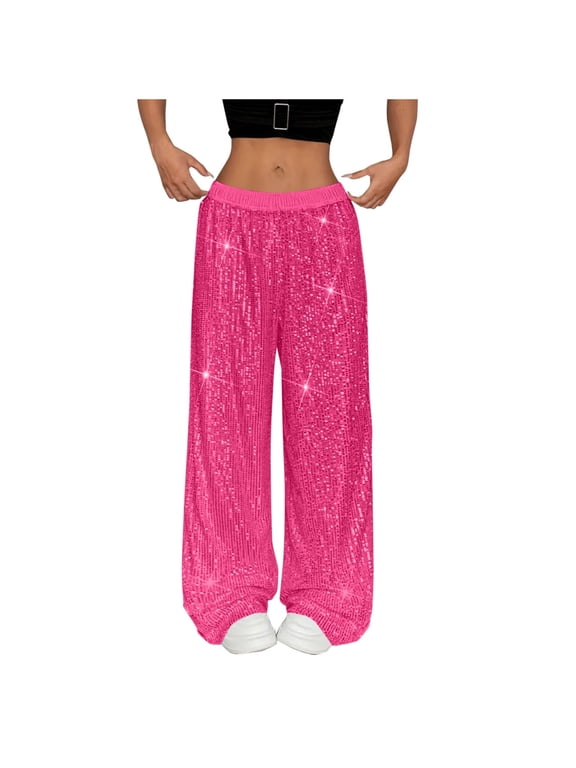 Womens Sparkle Sequin Palazzo Pants Elastic Waist Wide Leg Casual Loose Long Pant Glitter Party Club Trousers(Hot Pink,S)