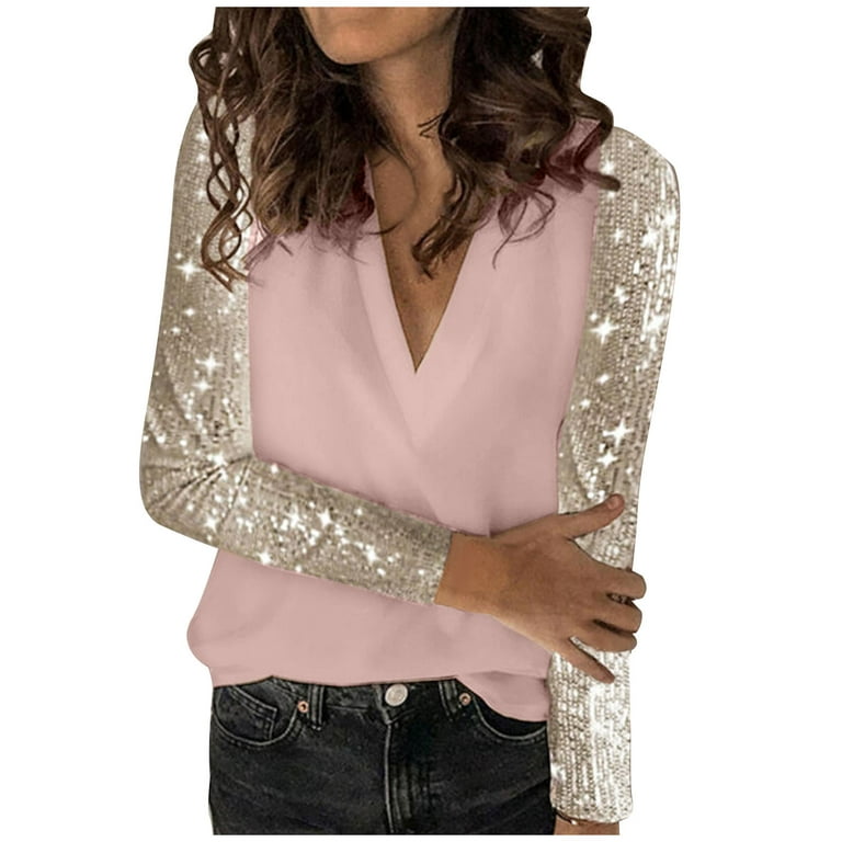 RYRJJ Womens Sparkly Sequin Sleeve Tops Casual Long Sleeve V-Neck T Shirt  Trendy Party Pullover Shirt Tunic Blouse Clubwear(Pink,S) 