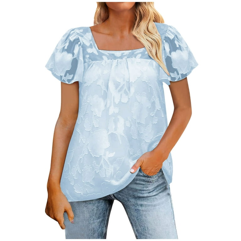 RYRJJ Womens Square Neck Babydoll Tops Ruffle Short Sleeve Lace Blouse  Summer Fashion Floral Textured Dressy Casual Shirts(Sky Blue,S) 