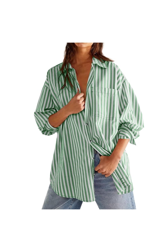 Womens Striped Boyfriend Shirt Plus Size Casual Collared Long Sleeve Oversized Button Down Blouse Work Tops with Pocket