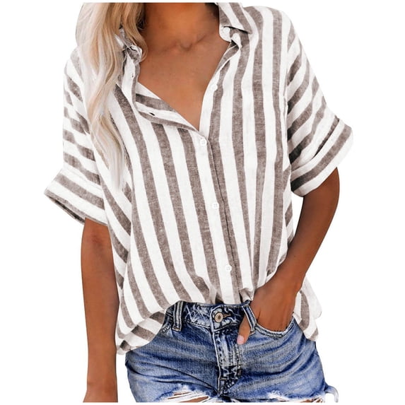 RYRJJ Womens Striped Button Down Shirts Cotton Linen Blouse Tops Summer Short Sleeve Collared Trendy Vacation Work Shirt(Khaki,XL)