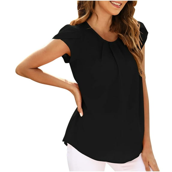 RYRJJ Womens Summer Cap Petal Sleeve Crewneck Tops Dressy Business Casual Work Blouses Pleated Tunic Shirts Black S
