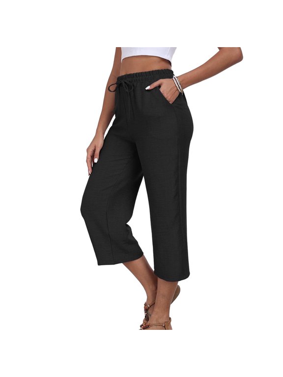 Womens Summer Capri Pants Wide Leg Elastic Waist Drawstring Casual Business Pants Loose Work Lounge Trousers with Pockets(Black,M)