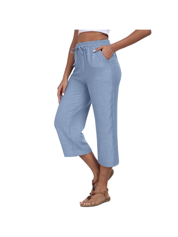 Womens Summer Capri Pants Wide Leg Elastic Waist Drawstring Casual Business Pants Loose Work Lounge Trousers with Pockets(Light Blue,S)