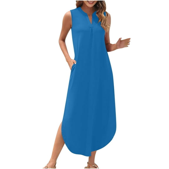 RYRJJ Womens Summer Casual Maxi Dresses Sleeveless Long Beach Dresses Button V Neck Loose Sundresses with Side Split Pockets(Blue,S)