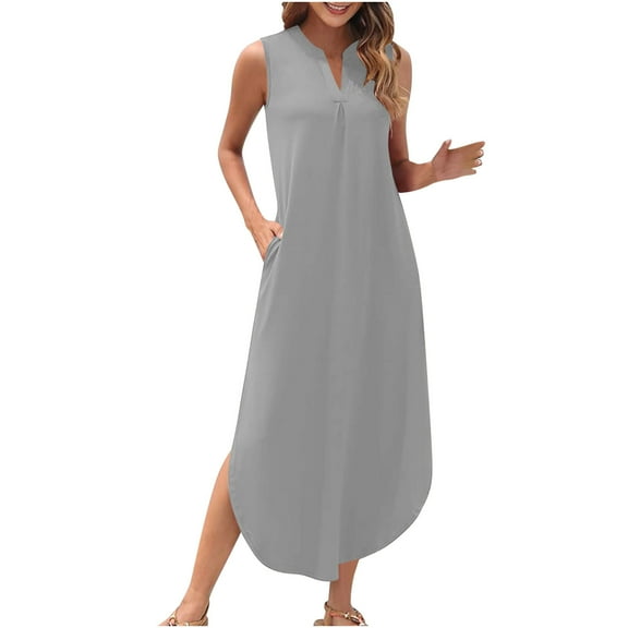 RYRJJ Womens Summer Casual Maxi Dresses Sleeveless Long Beach Dresses Button V Neck Loose Sundresses with Side Split Pockets(Gray,S)