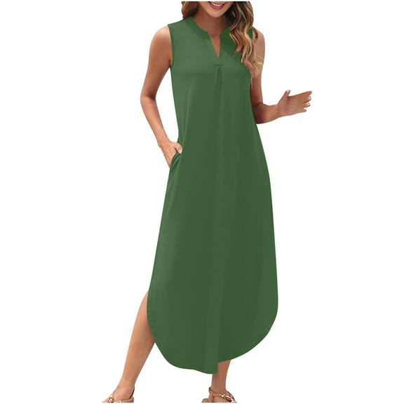 RYRJJ Womens Summer Casual Maxi Dresses Sleeveless Long Beach Dresses Button V Neck Loose Sundresses with Side Split Pockets(Green,S)