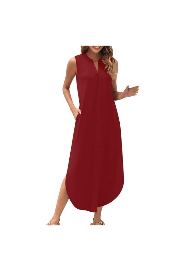 Womens Summer Casual Maxi Dresses Sleeveless Long Beach Dresses Button V Neck Loose Sundresses with Side Split Pockets(Red,M)