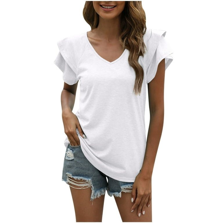 RYRJJ Womens Summer Casual T-Shirts V Neck Ruffle Short Sleeve Tops Loose  Comfy Blouse Lightweight Cute(White,XXL)